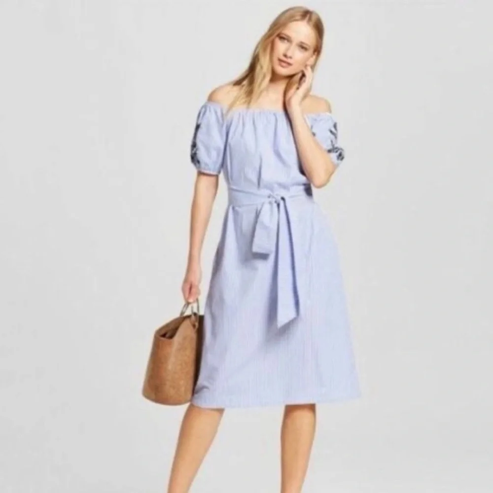 Who What Wear Dress Embroidered Striped Large‎ pockets tie waist off Shoulders - Picture 2 of 16